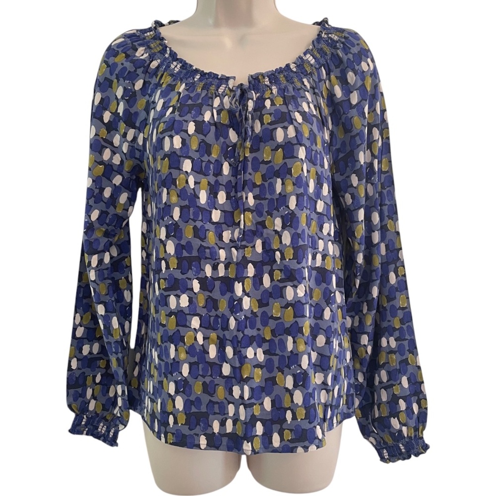 Boden Peasant Boho Long Sleeve Top 2 Silky Viscose Blue Spot